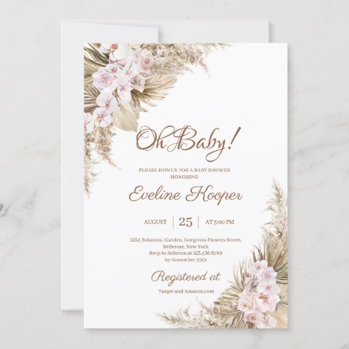 Pampas Grass Dried Palm Blush Rose Orchid Oh Baby  Invitation