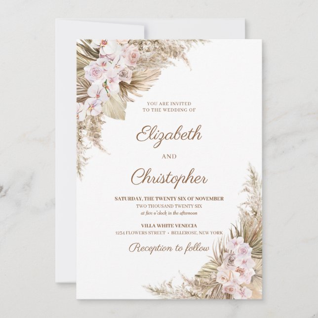 Pampas Grass Dried Palm Blush Rose Orchid Wedding Invitation (Front)