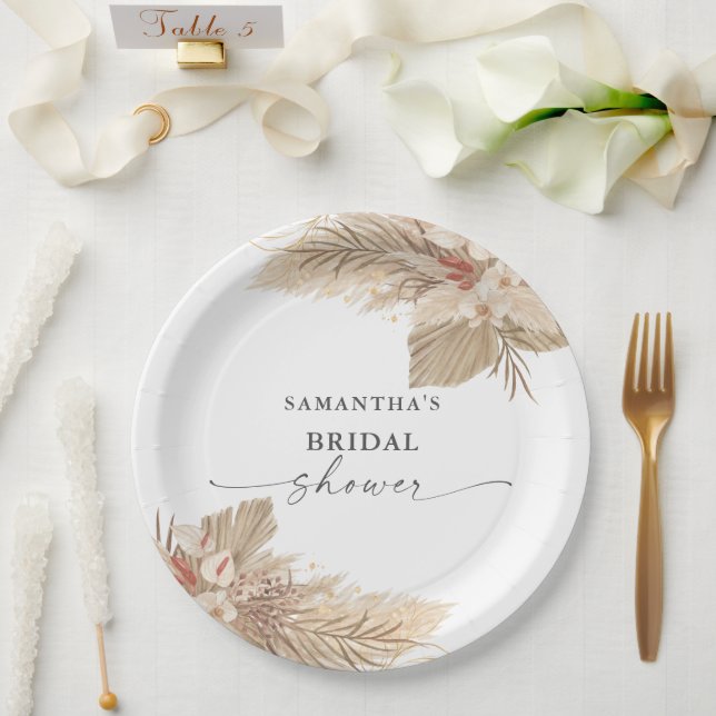 Pampas Grass Dried Palm Bridal Shower Paper Plates (Wedding)