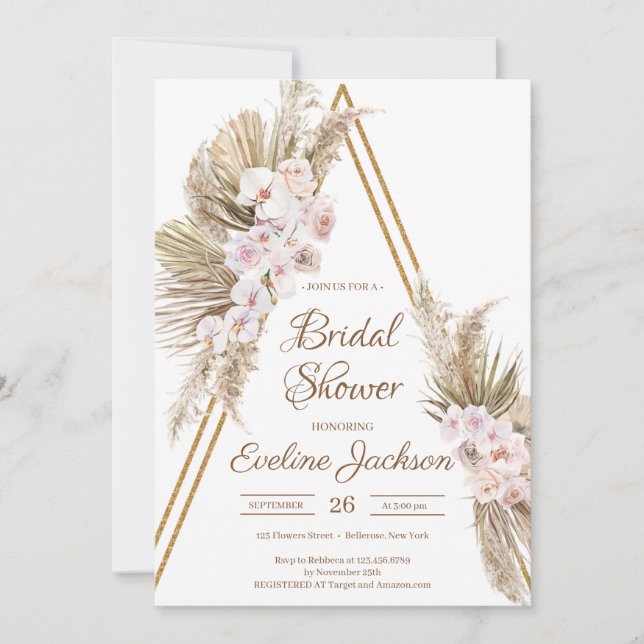 Pampas Grass Dried Palm Dusty Rose Gold Bridal  Invitation (Front)
