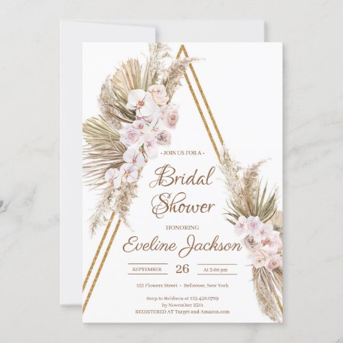 Pampas Grass Dried Palm Dusty Rose Gold Bridal  Invitation