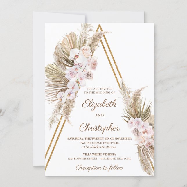 Pampas Grass Dried Palm Dusty Rose Orchid Wedding Invitation (Front)