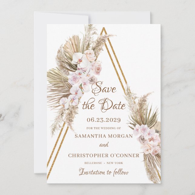 Pampas Grass Dried Palm Faux Gold Arch Dusty Rose  Save The Date (Front)