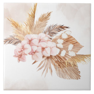 Pampas Grass Dried Palms Terracotta Pink Floral Ceramic Tile
