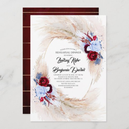 Pampas Grass Dusty Blue and Red Rehearsal Dinner Invitation