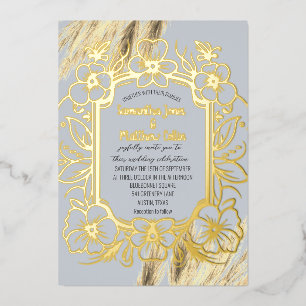 Pampas Grass Dusty Blue Boho Gold Foil Wedding Invitation
