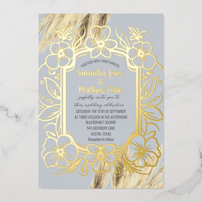 Pampas Grass Dusty Blue Boho Gold Foil Wedding Invitation (Front)