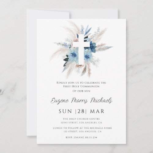 pampas grass dusty blue first communion invitation