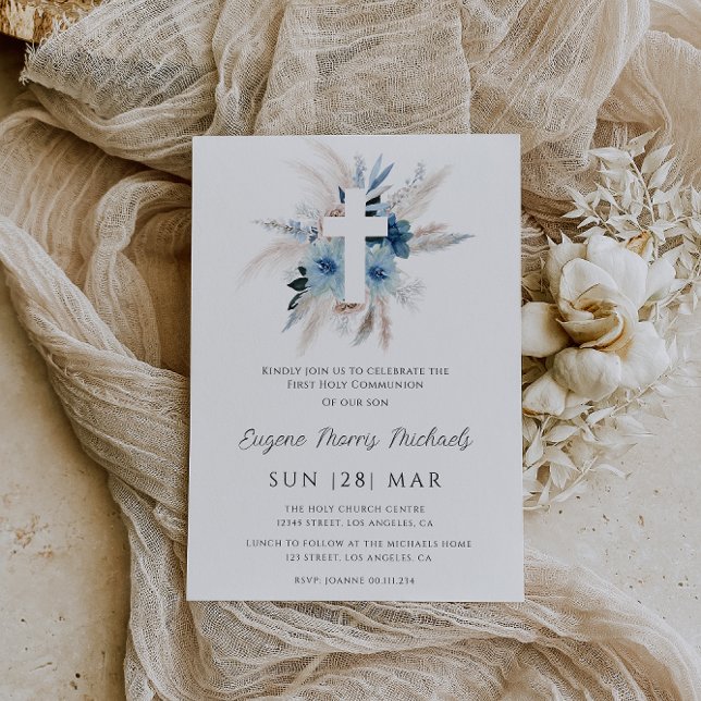 pampas grass dusty blue first communion invitation (Creator Uploaded)