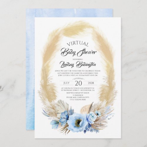 Pampas Grass Dusty Blue Floral Virtual Baby Shower Invitation