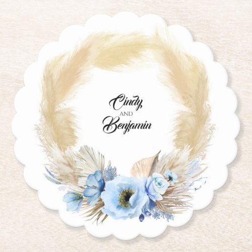 Pampas Grass Dusty Blue Floral Wreath Boho Summer Paper Coaster