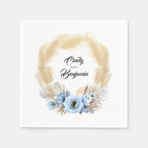 Pampas Grass Dusty Blue Floral Wreath Wedding Napkins