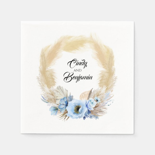 Pampas Grass Dusty Blue Floral Wreath Wedding Napkins (Front)