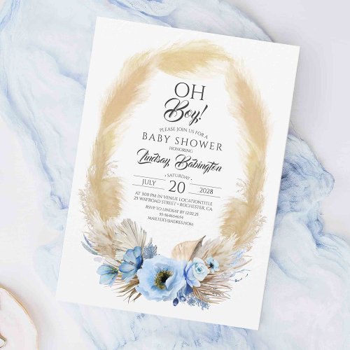 Pampas Grass Dusty Blue Flowers Baby Shower Oh Boy Invitation
