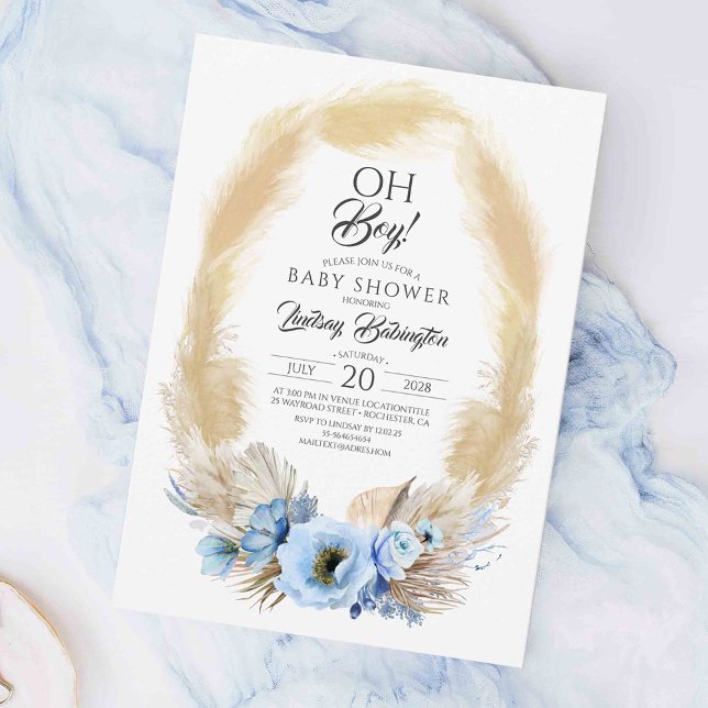 Pampas Grass Dusty Blue Flowers Baby Shower Oh Boy Invitation (Elegant Boho Blue Baby Shower Invitations)