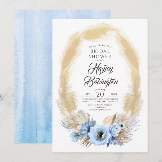 Pampas Grass Dusty Blue Flowers Bridal Shower Invitation (Front/Back)