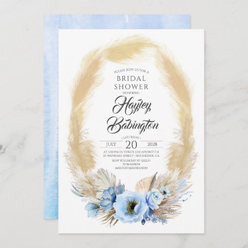 Pampas Grass Dusty Blue Flowers Bridal Shower Invitation