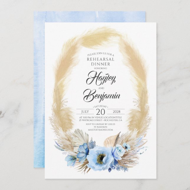 Pampas Grass Dusty Blue Flowers Rehearsal Dinner Invitation (Front/Back)