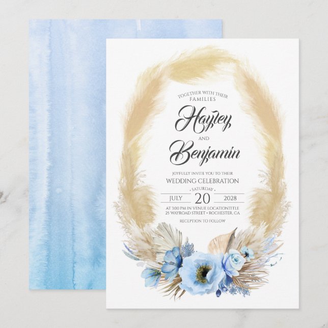 Pampas Grass Dusty Blue Flowers Tropical Wedding Invitation (Front/Back)