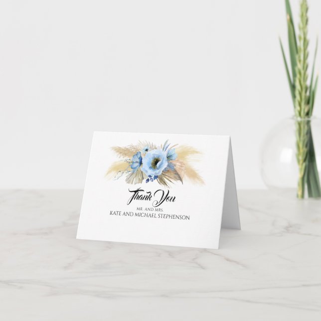 Pampas Grass Dusty Blue Flowers Wedding Thank You Card (Front)