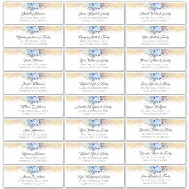 Pampas Grass Dusty Blue Guest Names Address Labels (Front)