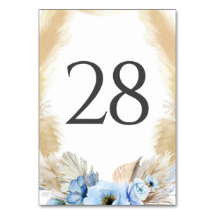 Pampas Grass Dusty Blue Wedding Table Number Cards