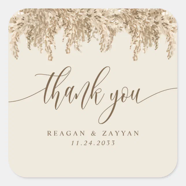 Pampas Grass Earthy Boho Exotic Wedding Thank You Square Sticker | Zazzle