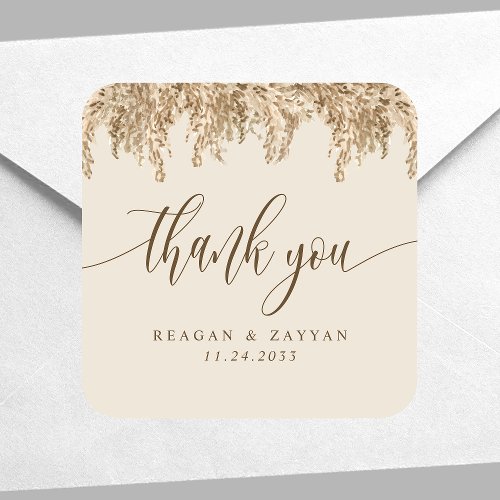 Pampas Grass Earthy Boho Exotic Wedding Thank You Square Sticker