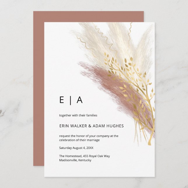 Pampas Grass Elegant Monogram Boho Pink Gold  Invitation (Front/Back)