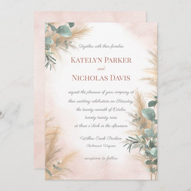 Pampas Grass Eucalyptus Greenery Boho Wedding Invi Invitation (Front/Back)