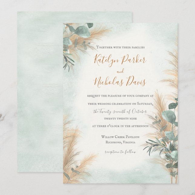 Pampas Grass Eucalyptus Greenery Boho Wedding Invitation (Front/Back)