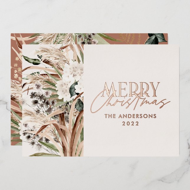 Pampas grass eucalyptus moody modern boho elegant foil holiday card (Front/Back)