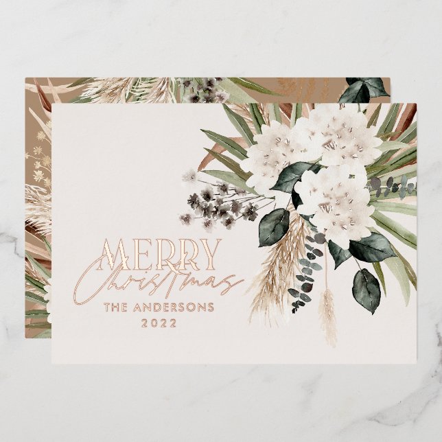Pampas grass eucalyptus moody modern boho foil foil holiday card (Front/Back)