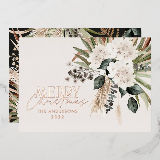 Pampas grass eucalyptus moody modern boho foil holiday card (Front/Back)