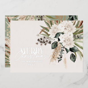 Pampas grass eucalyptus moody modern sage green foil holiday card