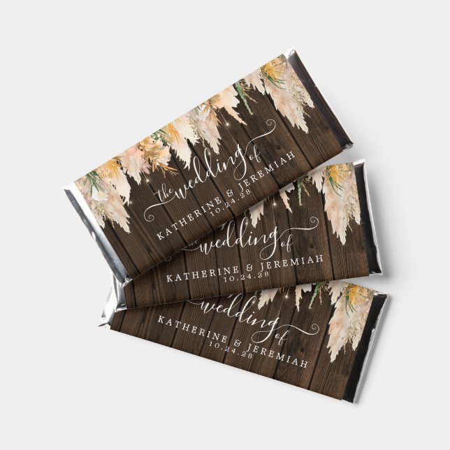 Pampas Grass Fairy Lights Wood Wedding Hershey Bar Favors (Front)
