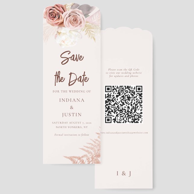 Pampas Grass Fall Wedding Save the Date QR Code Bookmarks (Front & Back)