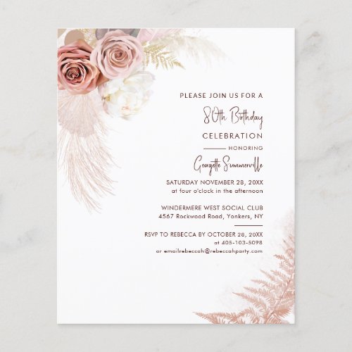 Pampas Grass Floral 80th Birthday Invitation