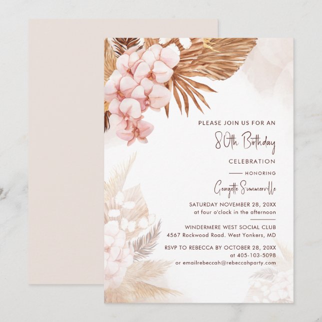 Pampas Grass Floral 80th Birthday Party Invitation (Front/Back)