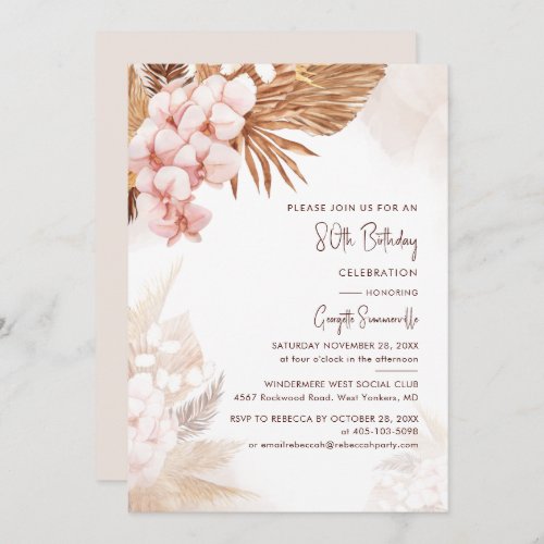 Pampas Grass Floral 80th Birthday Party Invitation