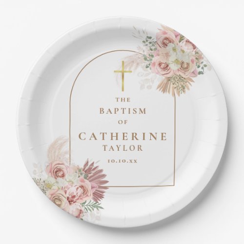 Pampas Grass Floral Baptism Christening Paper Plates