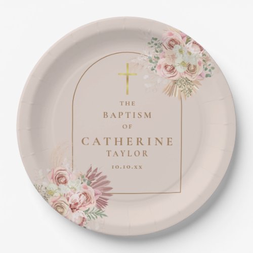 Pampas Grass Floral Baptism Christening Paper Plates