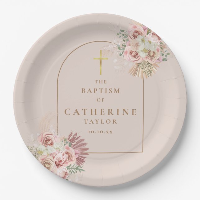 Pampas Grass Floral Baptism Christening Paper Plates (Front)