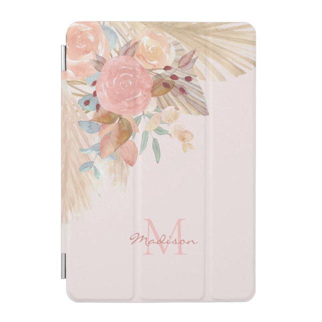  Pampas Grass Floral Blush Pink Name Monogram iPad Mini Cover (Front)