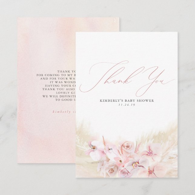 Pampas Grass Floral Boho Baby Shower Thank You Card (Front/Back)