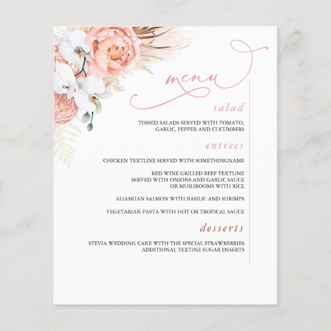 Pampas Grass Floral Botanical Pink Menu Flyer (Front)