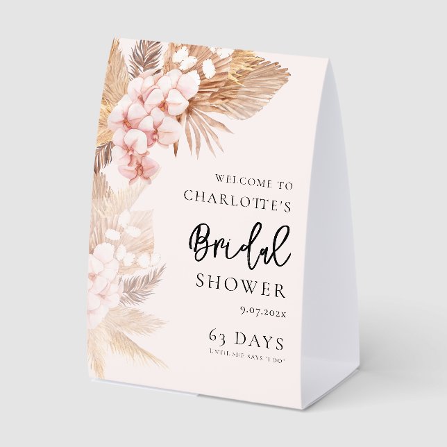 Pampas Grass Floral Bridal Shower Welcome Paper Table Tent (Front)