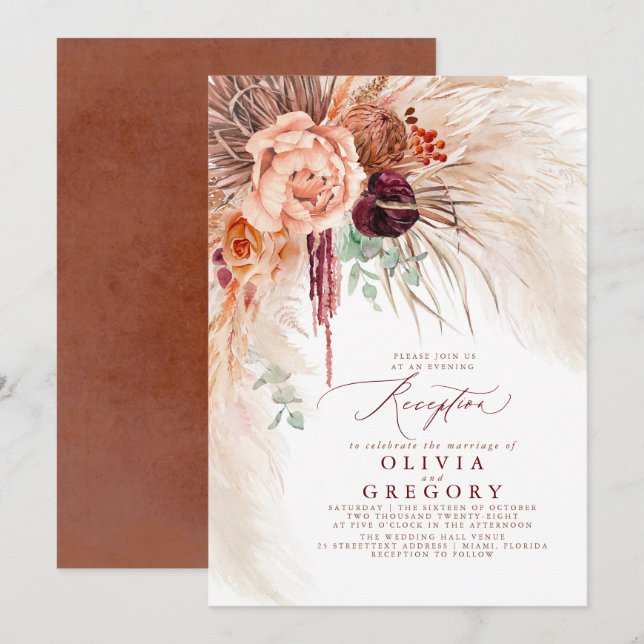 Pampas Grass Floral Burgundy Terracotta Reception Invitation (Front/Back)