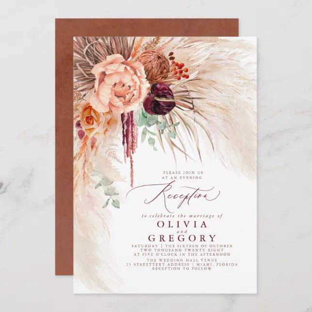 Pampas Grass Floral Burgundy Terracotta Reception Invitation | Zazzle