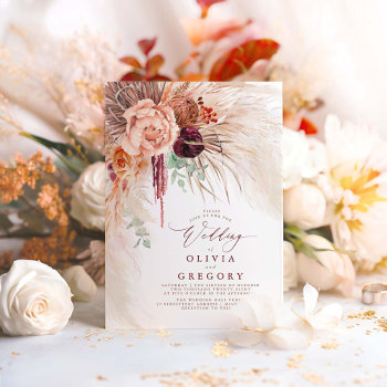 Pampas Grass Floral Burgundy Terracotta Wedding Invitation by lovelywow at Zazzle